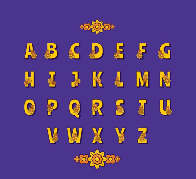 26个黄色花卉装饰字母矢量图素材中