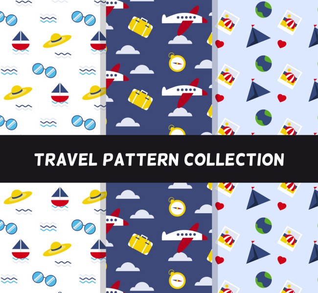 3款彩色旅行物品无缝背景设计矢量素材16图库网精选