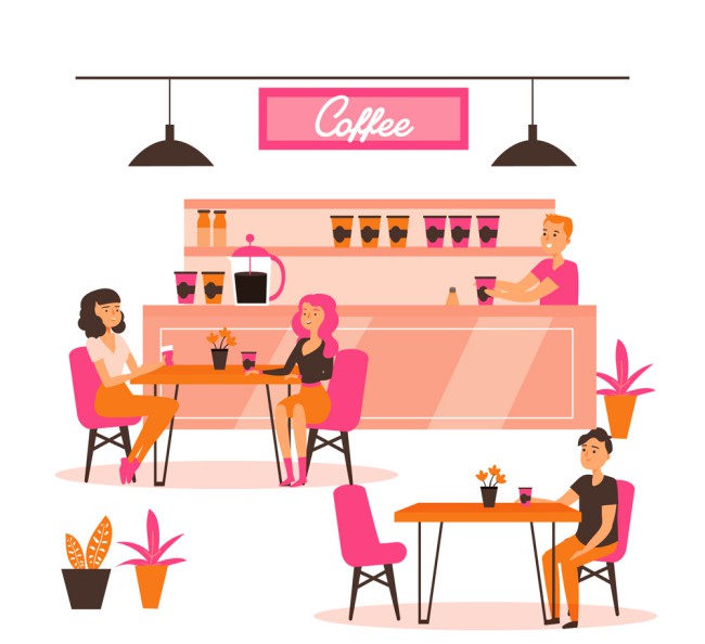 创意粉色咖啡馆内部设计矢量图素材天下精选