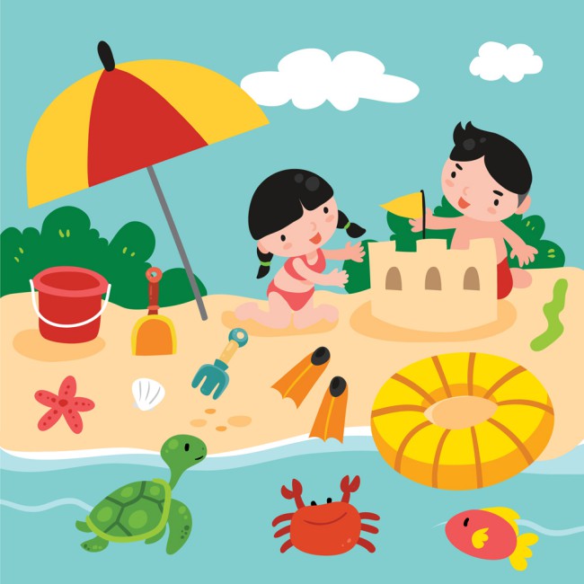 卡通沙滩上玩耍的2个儿童矢量图素材中国网精选