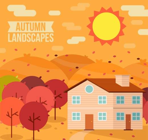 秋季郊外房屋风景矢量素材16素材网精选