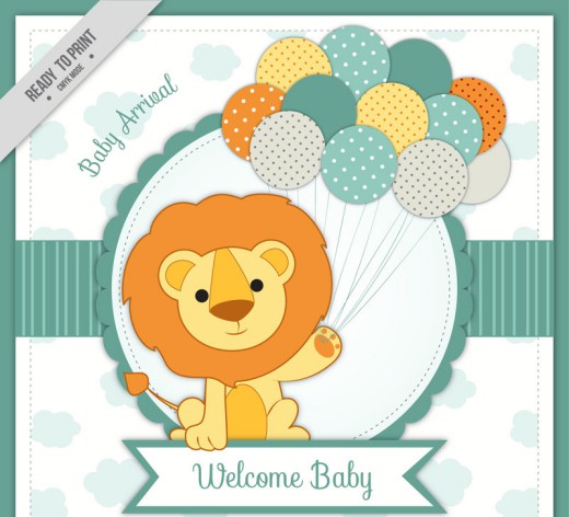 可爱狮子拿着气球迎婴派对卡片矢量素材16图库网精选