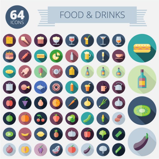 64款食物与饮品图标矢量素材素材中