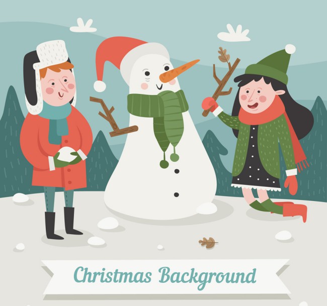 创意圣诞节堆雪人的男孩和女孩矢量图普贤居素材网精选