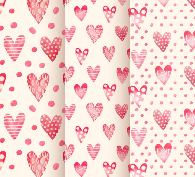 3款彩绘粉色爱心无缝背景矢量图16素材网精选