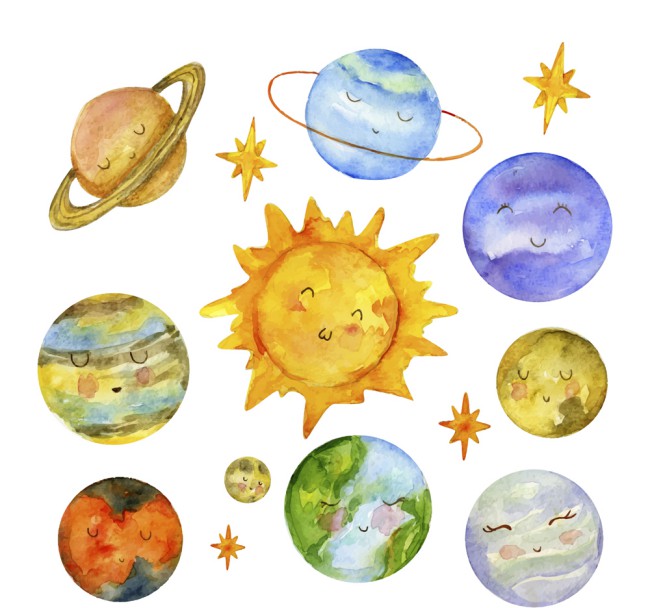 水彩绘可爱表情太阳系行星矢量图素材中国网精选