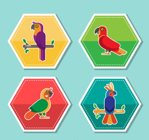 4款彩色六边形鹦鹉标签矢量素材16图库网精选