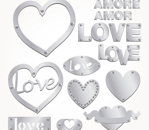 12款银色爱心和艺术字矢量图16素材网精选