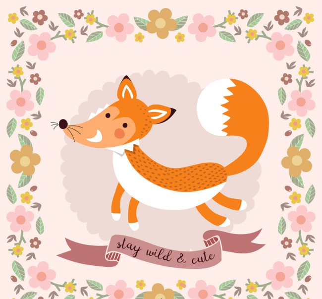 可爱森林狐狸和花边矢量素材16素材网精选