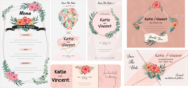 6款彩色花卉婚礼卡片矢量素材16素材网精选