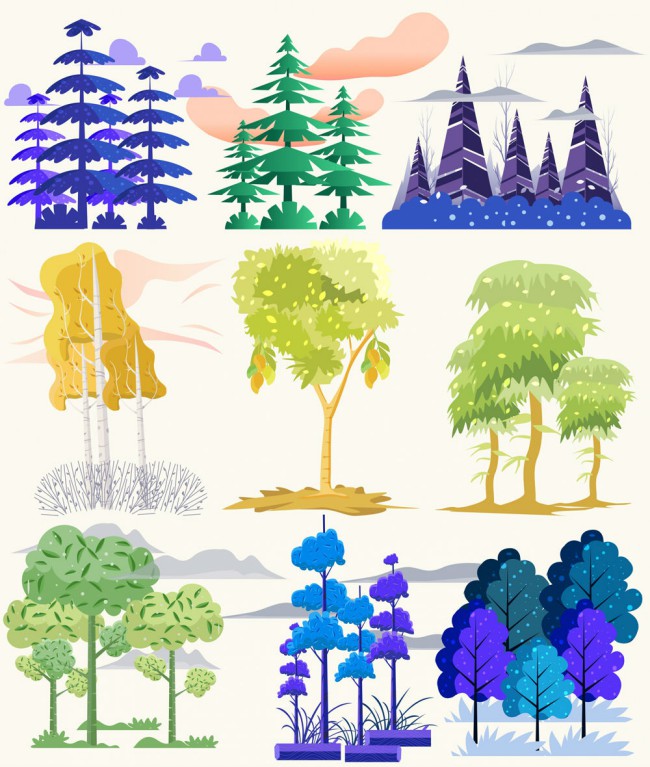 9组彩色森林树木设计矢量素材16图库网精选