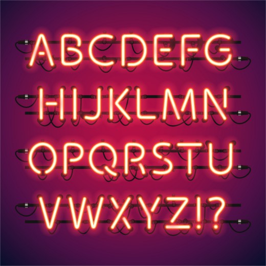 28个红色霓虹灯字母和符号矢量图普贤居素材网精选