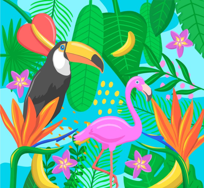 彩色热带花草中的鸟类矢量素材16素材网精选