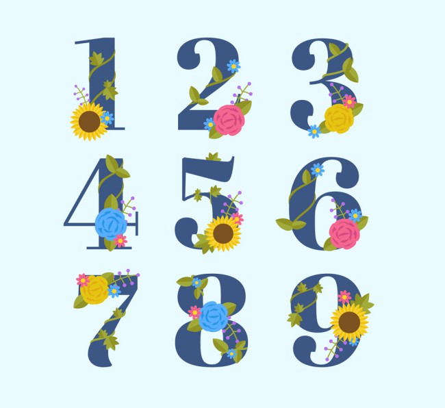 9款彩色花卉数字艺术字矢量图素材