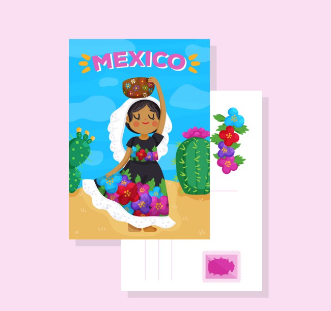 卡通墨西哥女子明信片正反面矢量图16素材网精选