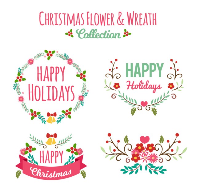 4款彩色圣诞节花环和花束矢量图普贤居素材网精选
