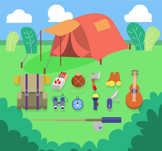 草地上的红色帐篷和11款野营物品矢