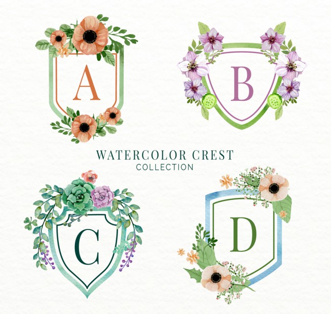 4款彩色花卉装饰字母纹章矢量图普