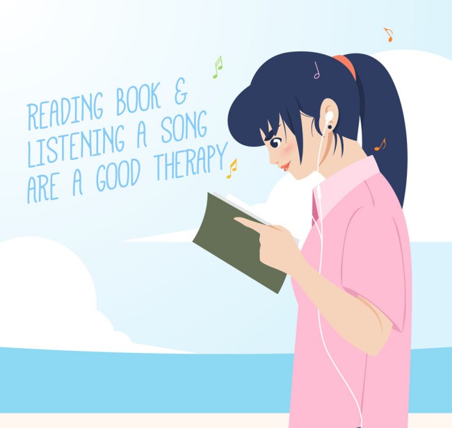 卡通边听音乐边读书的女孩矢量素材素材中国网精选