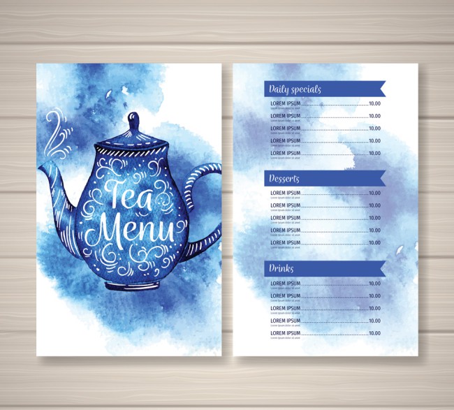 蓝色茶壶茶水单设计矢量素材16图库网精选