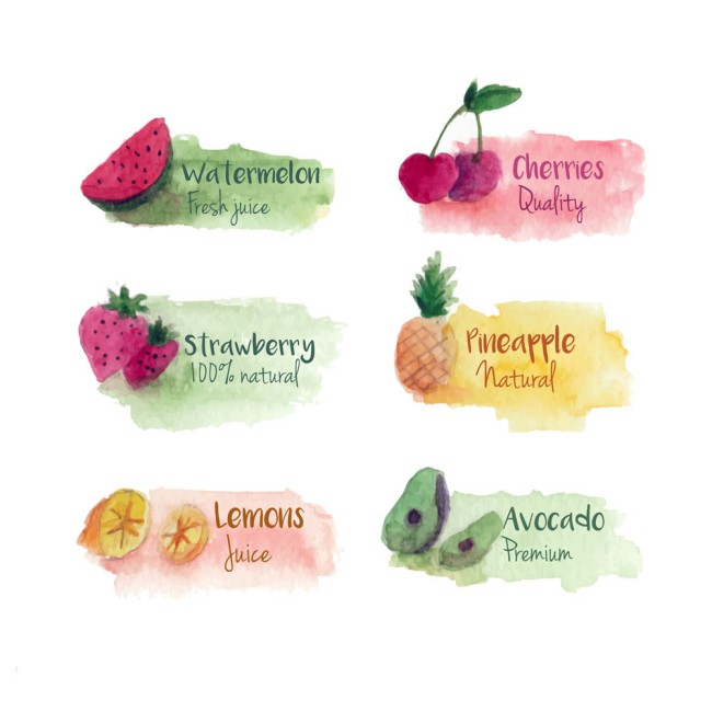6款水彩绘新鲜水果果汁标签矢量图素材中国网精选