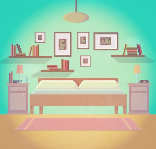 蓝绿色调整洁卧室设计矢量素材16图