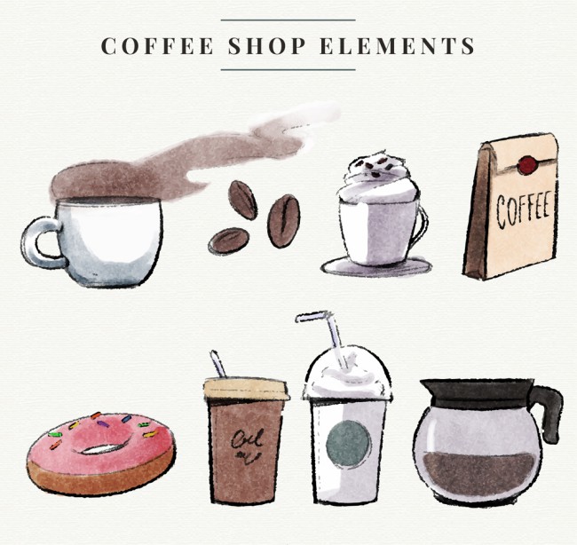 8款彩绘咖啡店元素矢量素材普贤居素材网精选