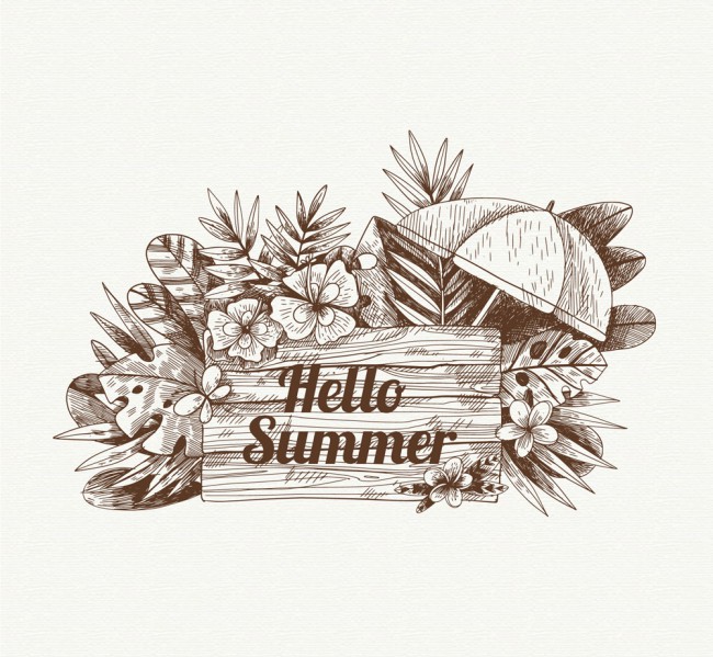 手绘你好夏季花草和遮阳伞矢量图16设计网精选