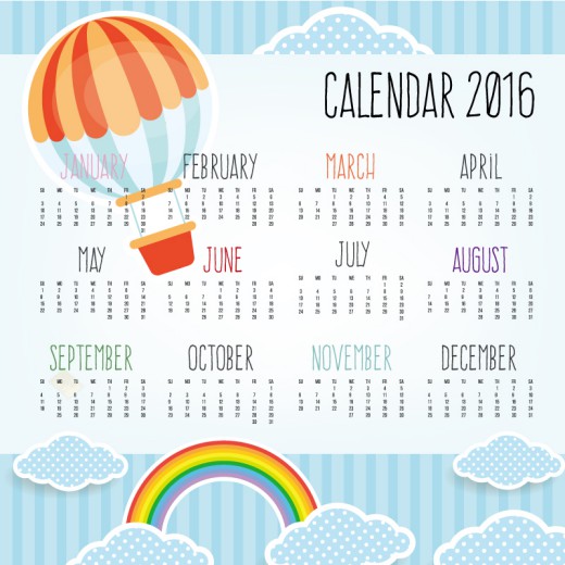 2016彩色热气球年历矢量图16设计网精选