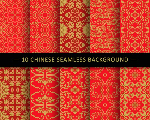 10款红色中国风花纹无缝背景矢量图