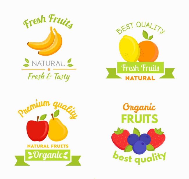4款彩色新鲜水果标签矢量图普贤居素材网精选