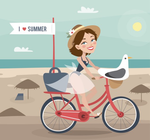 海边骑单车的度假女郎和海鸥矢量图素材中国网精选