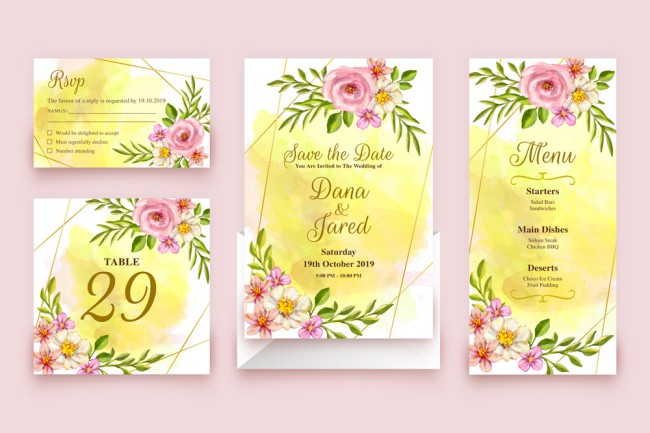 4款彩绘粉色花卉婚礼卡片矢量素材16图库网精选