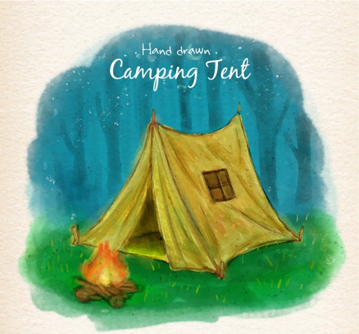 水彩绘野营帐篷和篝火插画矢量素材16图库网精选