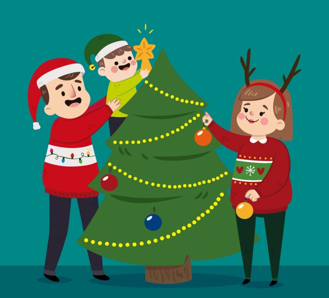 卡通装饰圣诞树的一家三口矢量图素