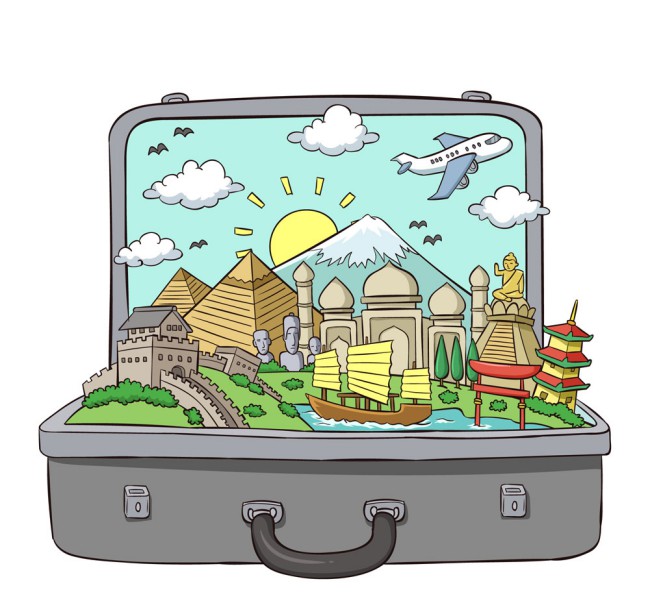 创意行李箱里的旅游风景矢量图16设