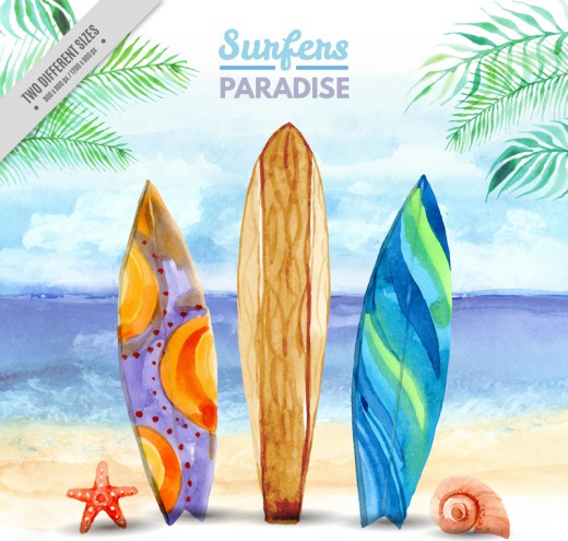3个立在沙滩上的彩色冲浪板矢量素材16设计网精选