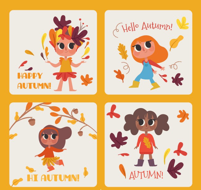 4款彩绘秋季女孩卡片矢量素材16素材网精选