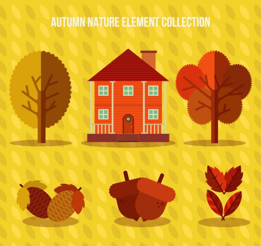 6款秋季植物和房屋设计矢量素材普贤居素材网精选