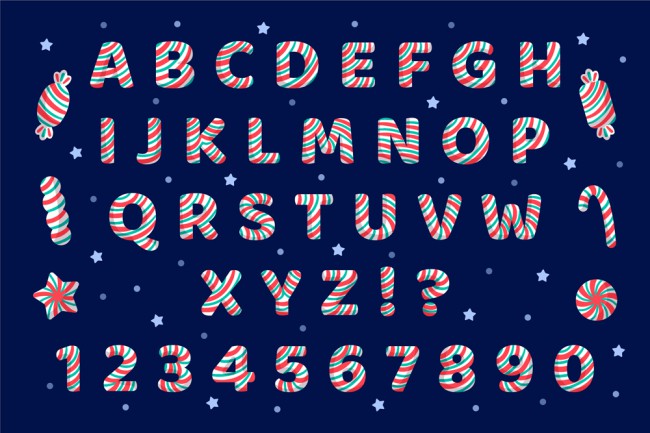 26个彩色条纹糖果字母和12个数字符号矢量图16设计网精选
