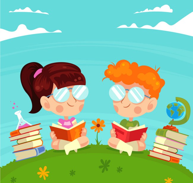 可爱草坪上读书的2个儿童矢量图普贤居素材网精选