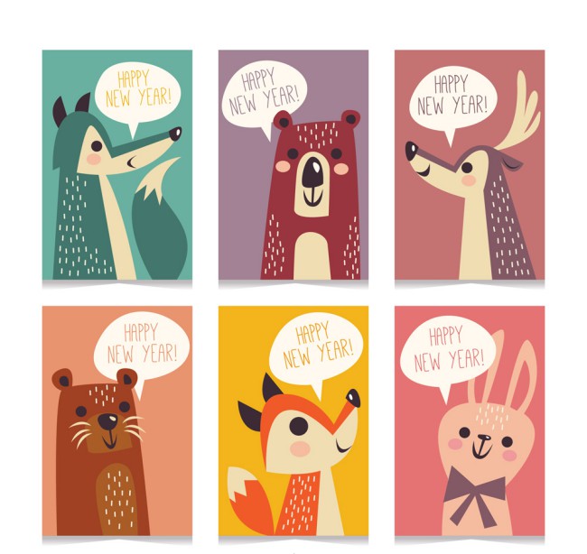 6款彩色动物新年快乐卡片矢量素材16图库网精选