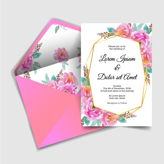 粉色花卉婚礼邀请卡和信封矢量图16图库网精选
