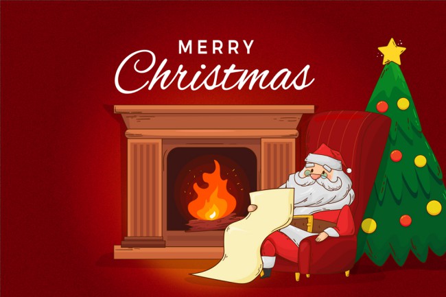 彩绘圣诞夜壁炉旁的圣诞老人矢量图普贤居素材网精选