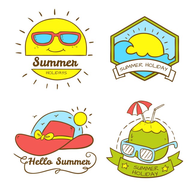 4款彩绘可爱夏季假期标签矢量图素材中国网精选