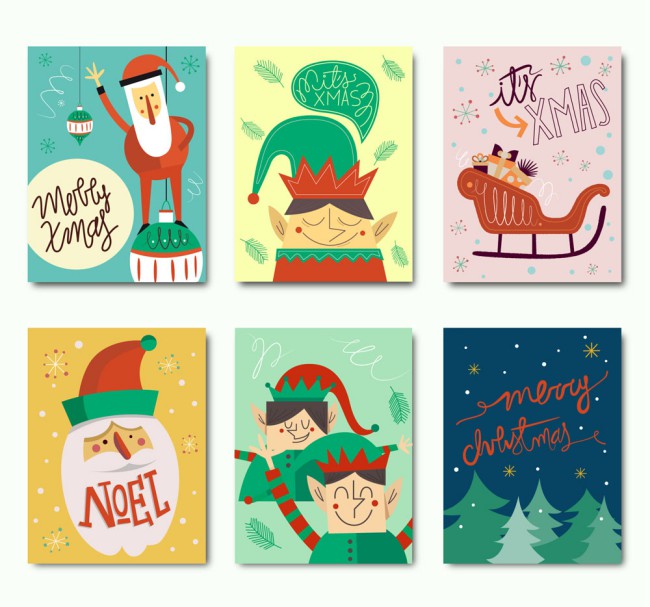 6款彩绘圣诞快乐卡片矢量素材16素材网精选
