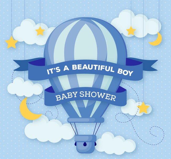 蓝色热气球迎婴派对海报矢量图普贤居素材网精选