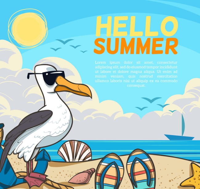 创意夏季沙滩海鸥矢量素材16素材网精选