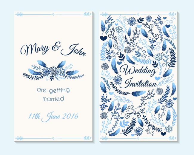 蓝色花纹婚礼邀请卡正反面设计矢量图16素材网精选
