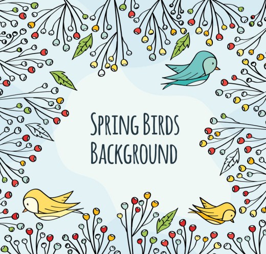 卡通春季树枝和鸟边框矢量素材16图库网精选